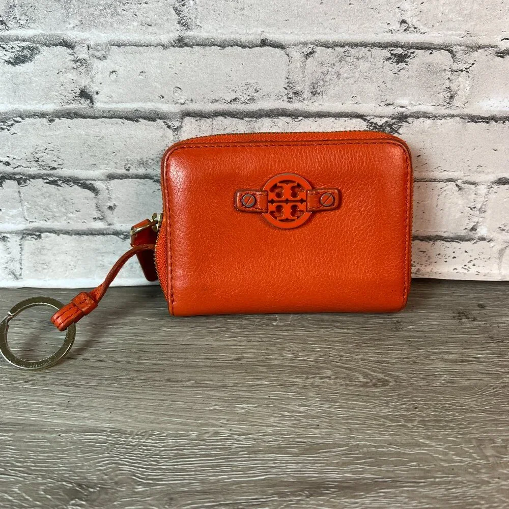 TORY BURCH Amanda logo orange leather zip-up coin purse and card holder